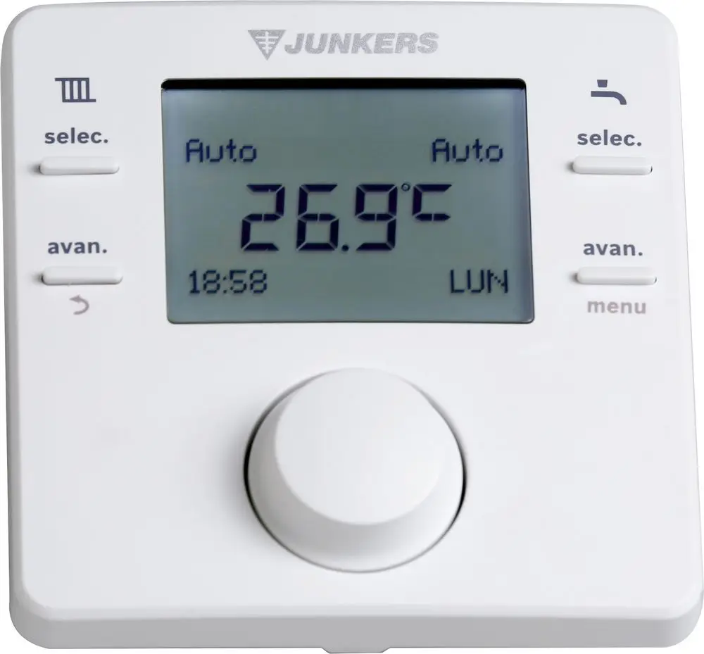 Funkfernbedienung von Bosch zur Raumtemperaturmessung mit einem digitalen Display, Einstelltaste und Drehknopf zur Temperaturregulierung.
